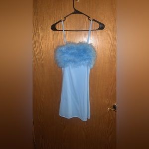 Blue feather spaghetti strap dress.
